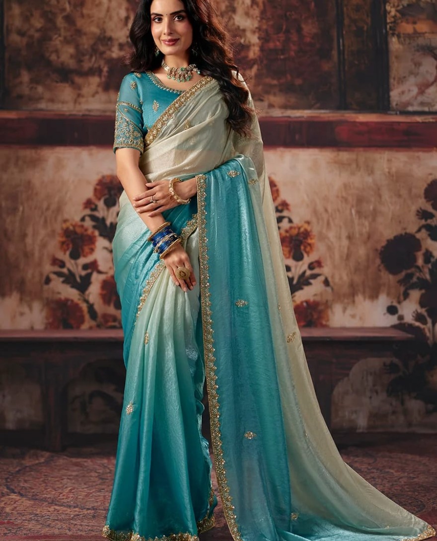 1004 - Blue & Beige Designer Style Festive Wear Saree